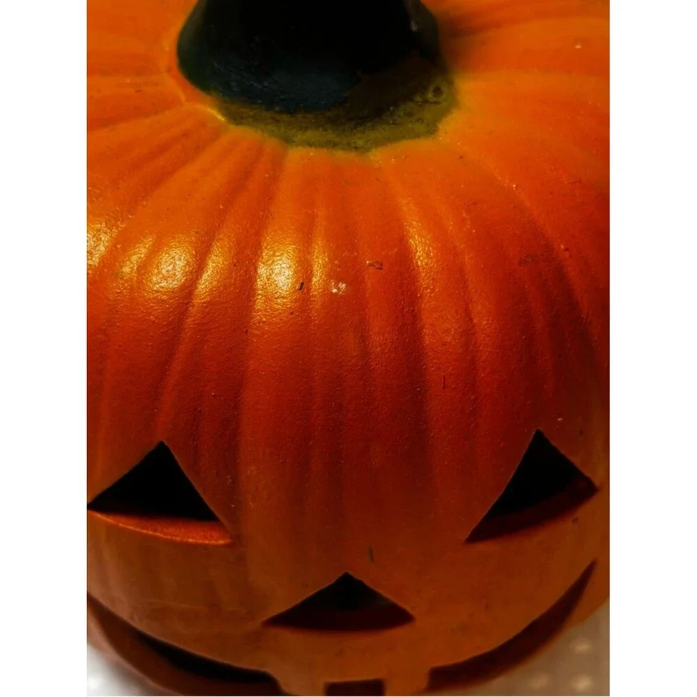 VTG Terracotta Hand Painted Jack O' Lantern Clay Pumpkin Halloween Luminary Duo